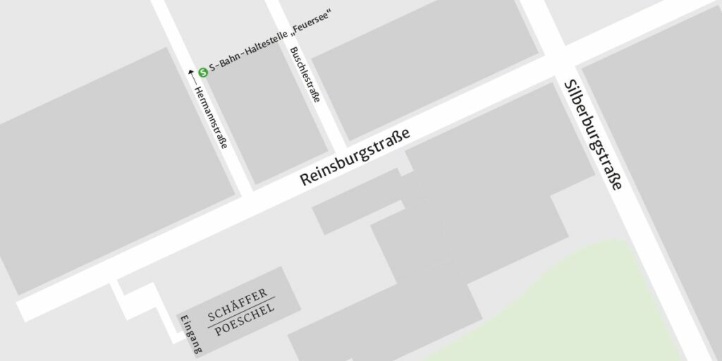 Karte mit Wegbeschreibung zum Schäffer-Poeschel Verlag. Er befindet sich in der Reinsburgstrasse 27, Stuttgart.